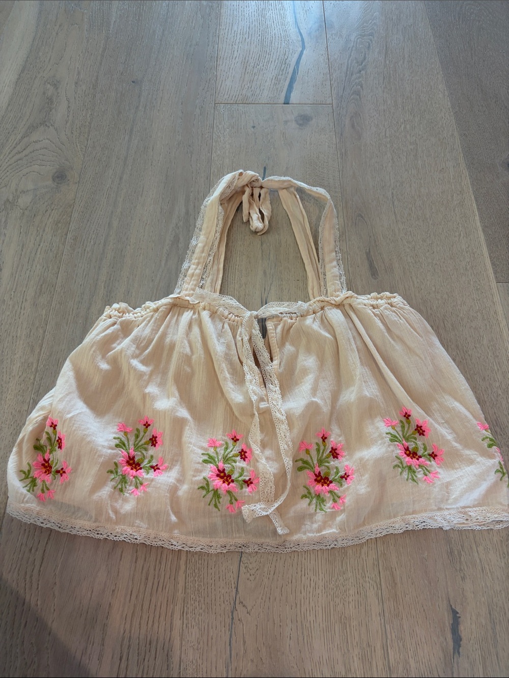 Free People Cream Cropped Tank with Pink Floral Embroidery